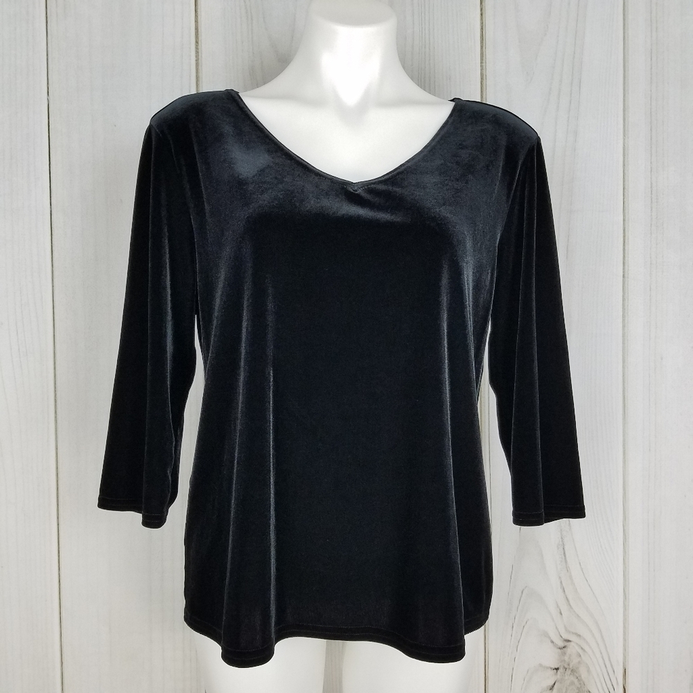 Vintage Kathie Lee Collection Black Velour Long Sleeve V Neck Top